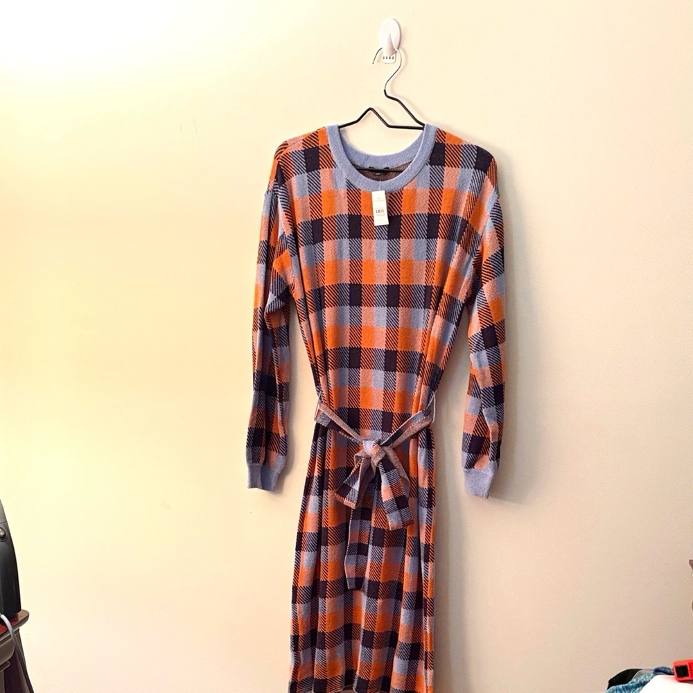 Ann Taylor Plaid Tie Waist Sweater Shift Dress